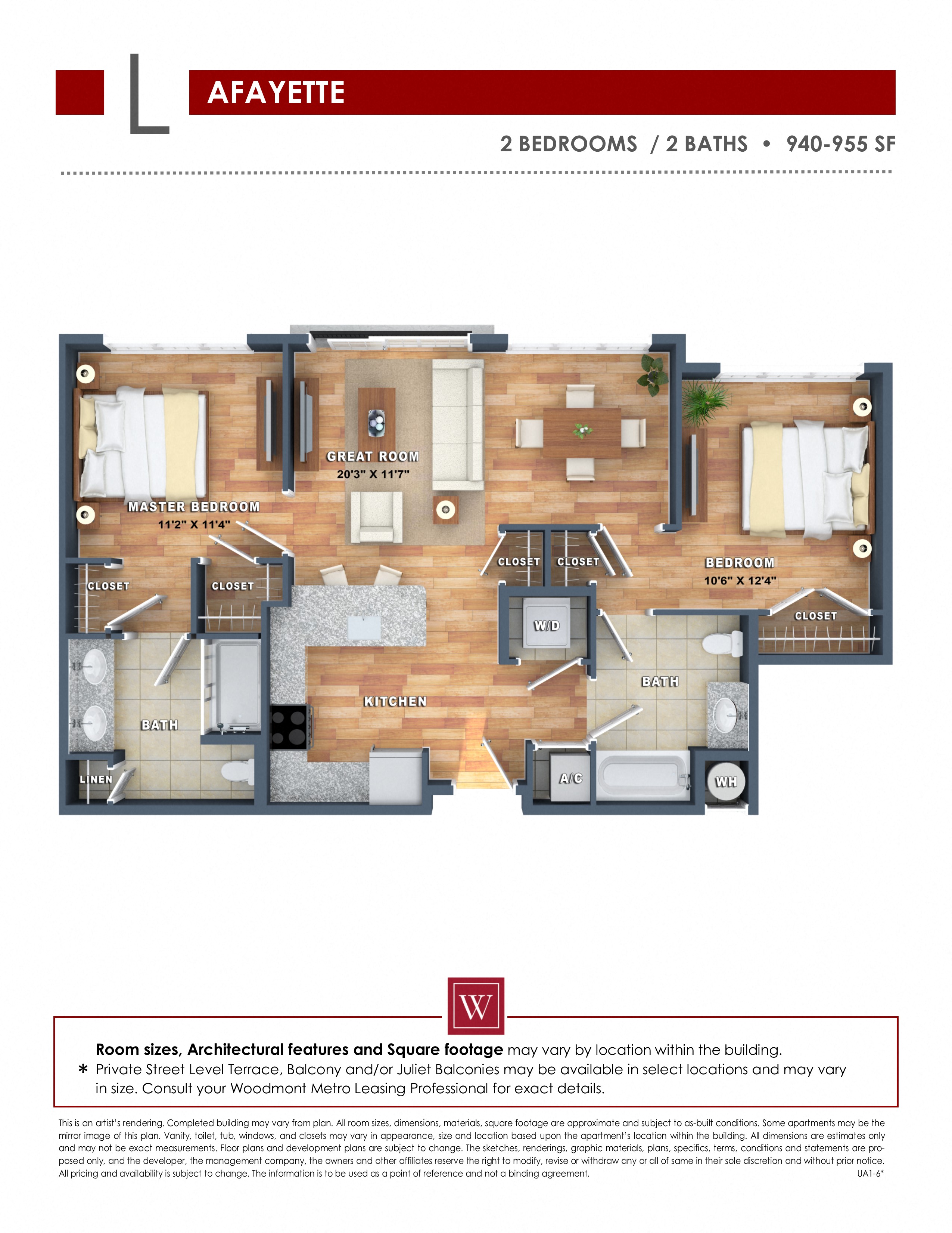 Floor plan for 2 beds, 2 baths, 955 sqft